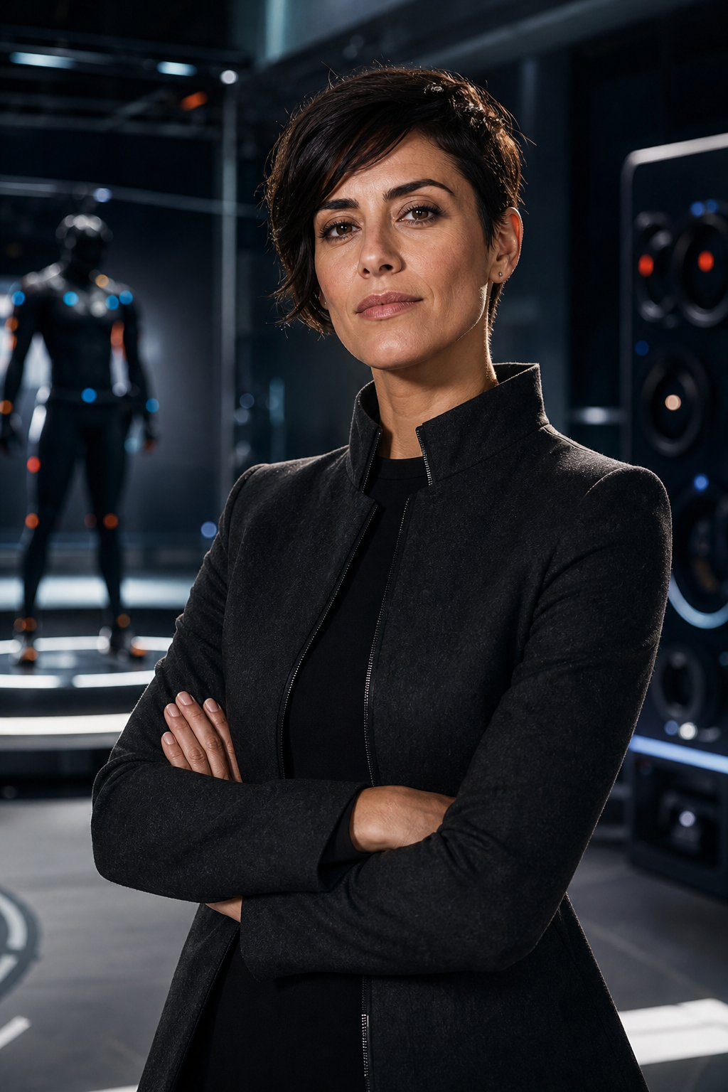 Portrait of Ava Hart, a woman with short dark hair in a charcoal jacket standing in a modern gaming lab