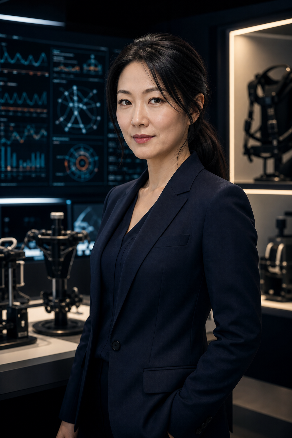 Portrait of Lena Choi, a woman with long tied-back hair wearing a deep navy blazer in front of analytics displays