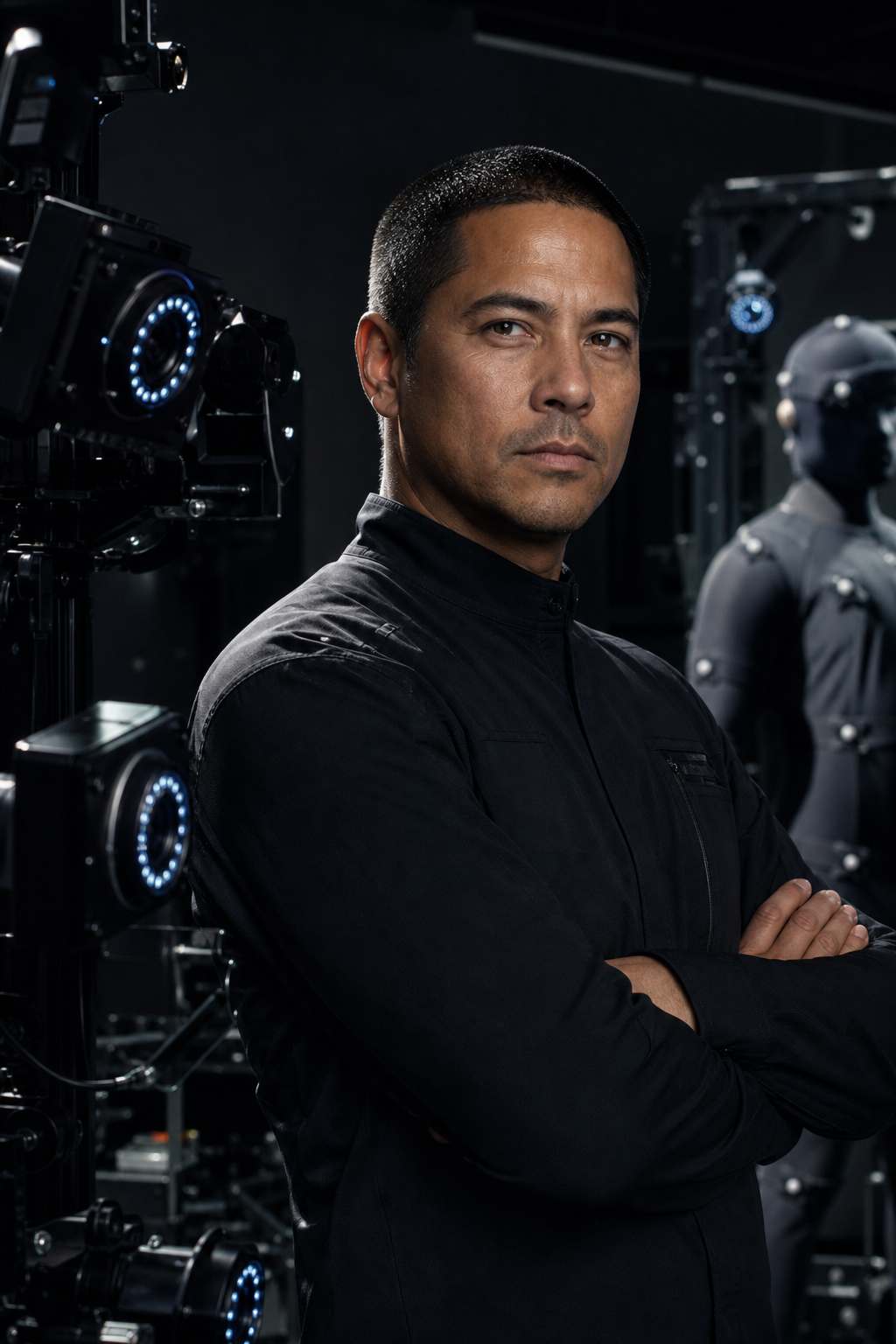 Portrait of Mateo Rho, a man with close-cropped hair in a black technical shirt beside motion tracking rigs
