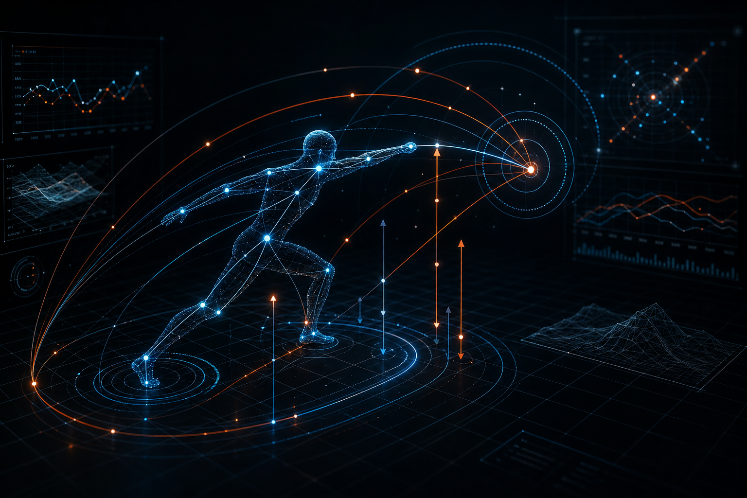 Abstract motion-data illustration with tracking paths and force vectors over a dark technical grid