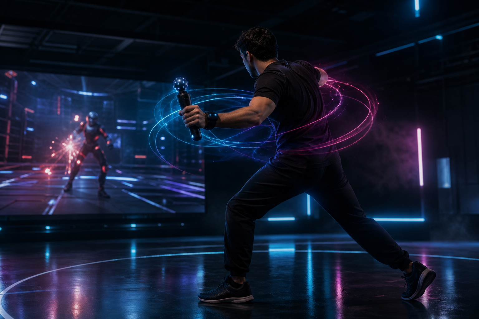 Player in a dramatic low-light gaming arena interacting with force-responsive motion technology and luminous tracking effects