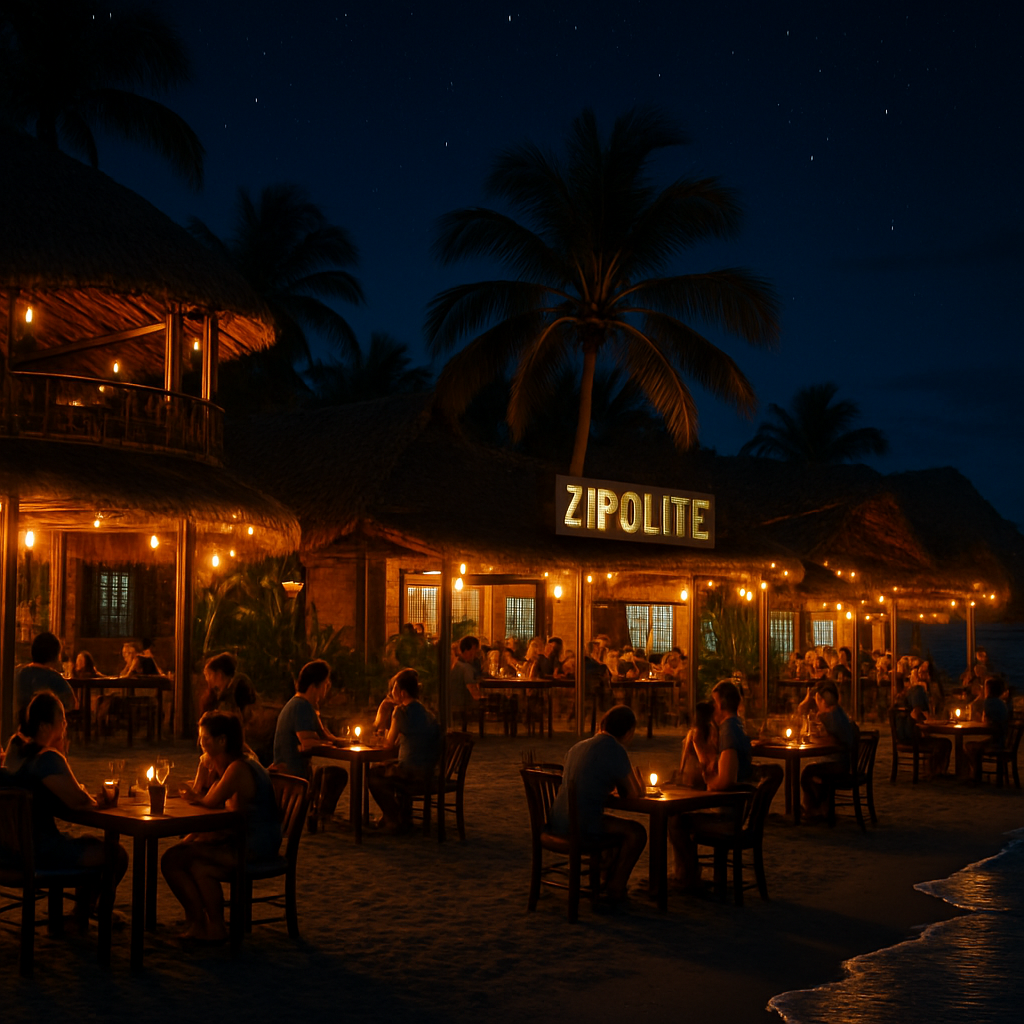 Ambiente nocturno en Zipolite, bares iluminados y viajeros relajados frente al mar