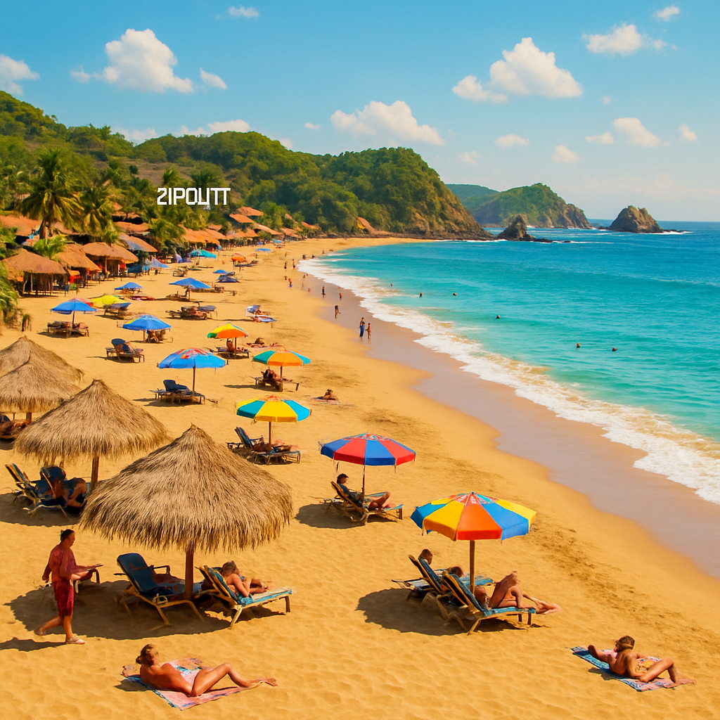 Playa Zipolite con arena dorada, sombrillas y mar turquesa en un día soleado