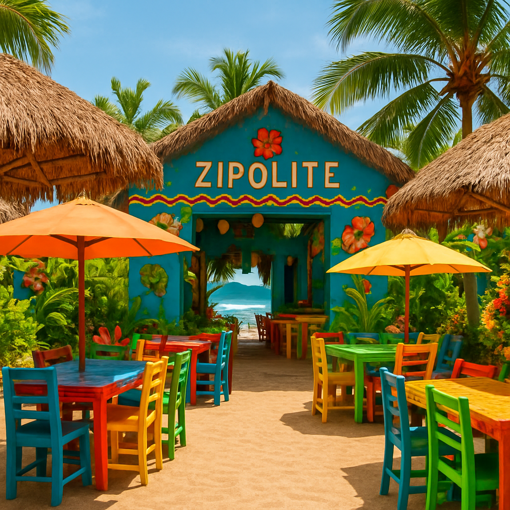 Restaurante colorido de playa con mesas al aire libre y vegetación tropical en Zipolite