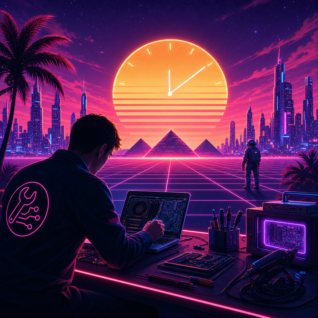 Retro synthwave repair scene with a neon grid horizon, glowing sunset clock, and a technician silhouette working on a laptop, with a distant futuristic skyline, pyramids, and a small astronaut for nostalgic tech storytelling