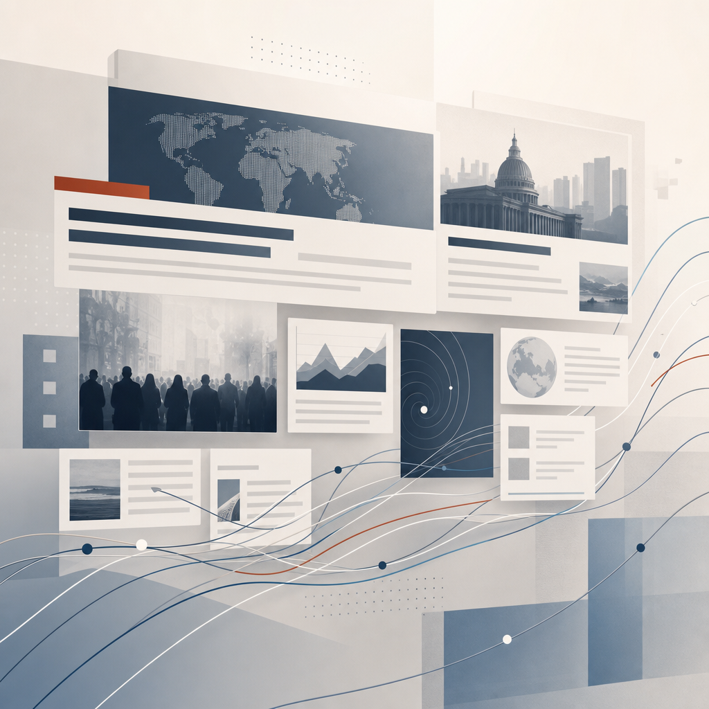 Refined editorial illustration with layered headline strips, flowing data lines, and abstract newsroom panels in a modern newspaper-inspired composition