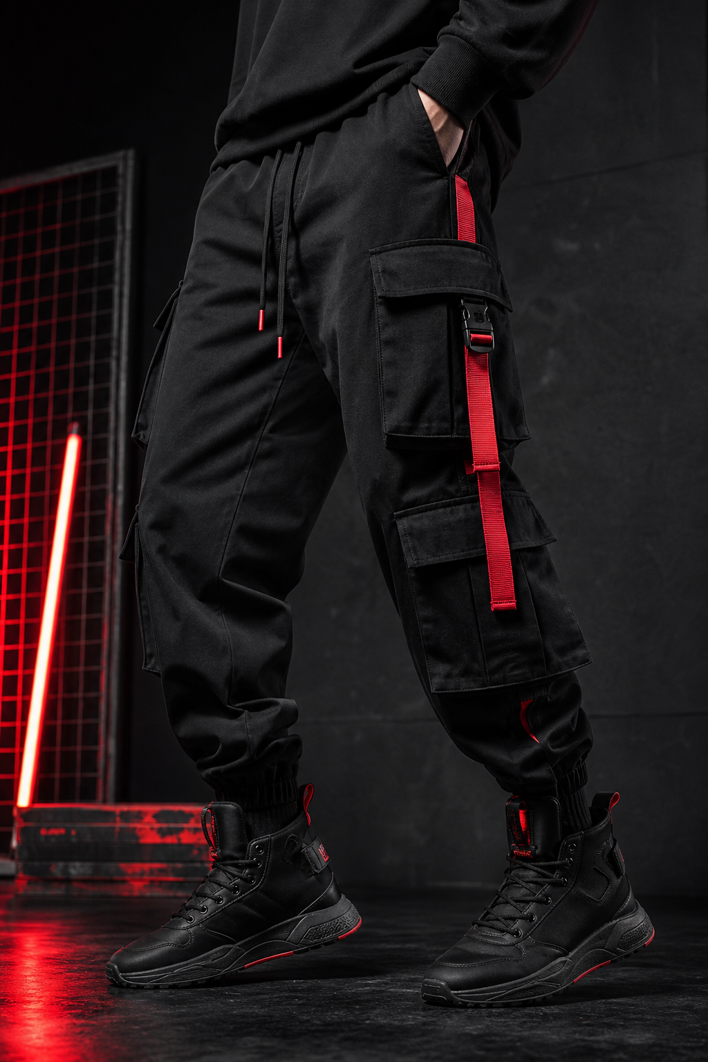 Loose-fit black cargo pants with red side strap details