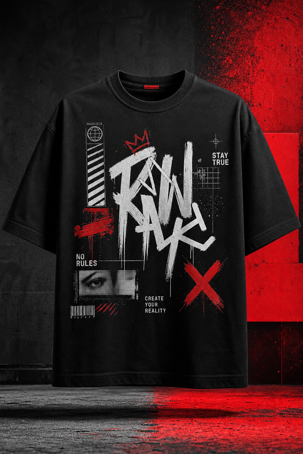 Black graphic T-shirt with white and red street typography