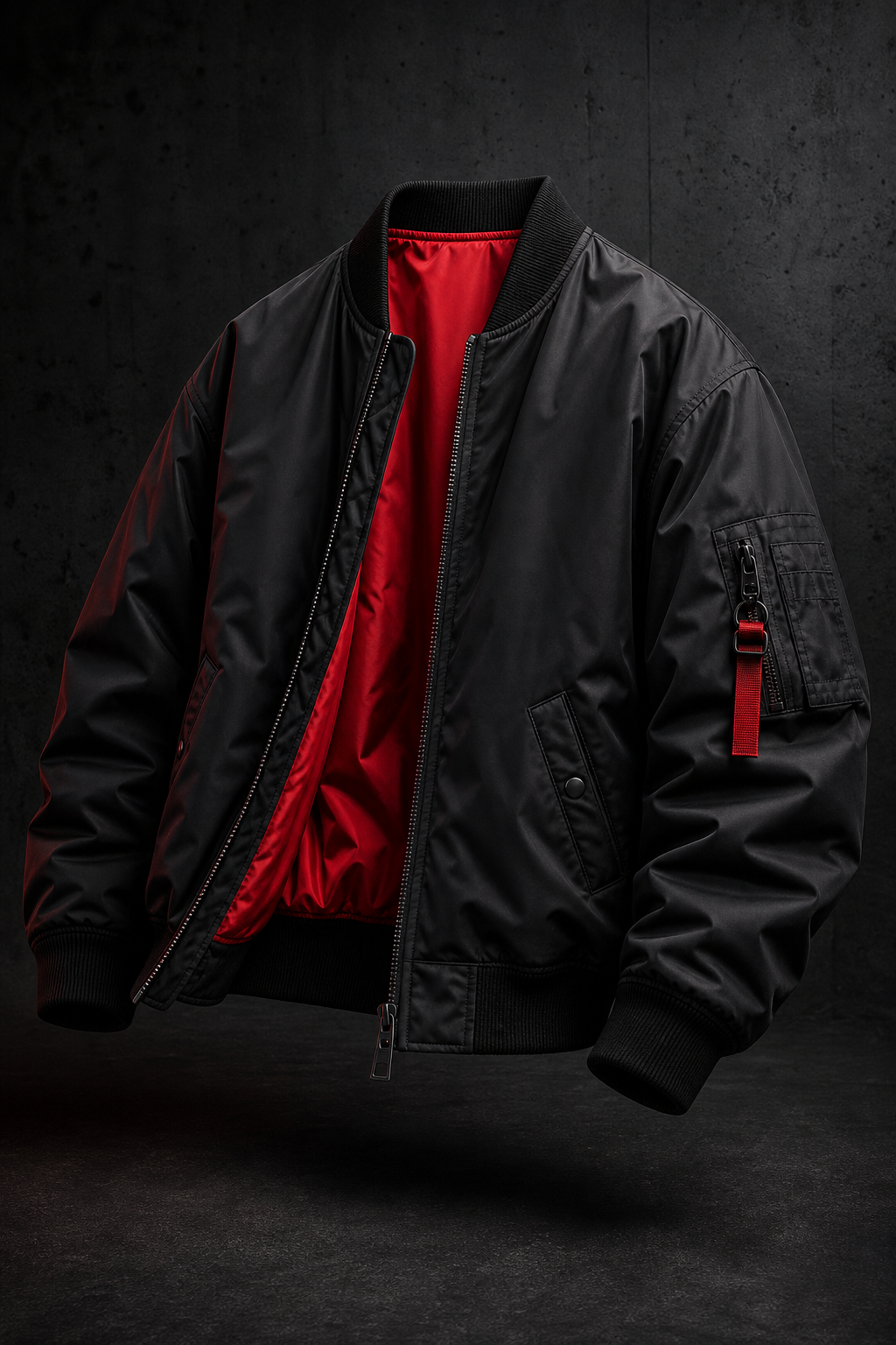 Black oversized bomber jacket with red lining and zipper pockets
