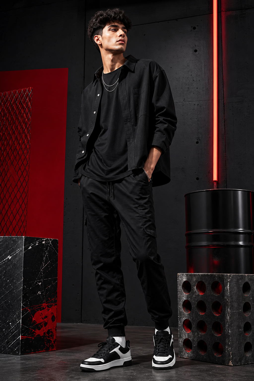 Youth streetwear outfit with layered black tee, overshirt, and tapered pants