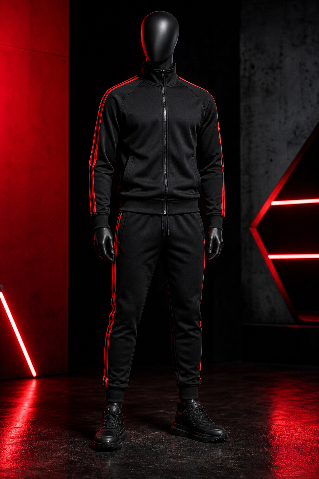 Two-piece black tracksuit set with red stripe accents