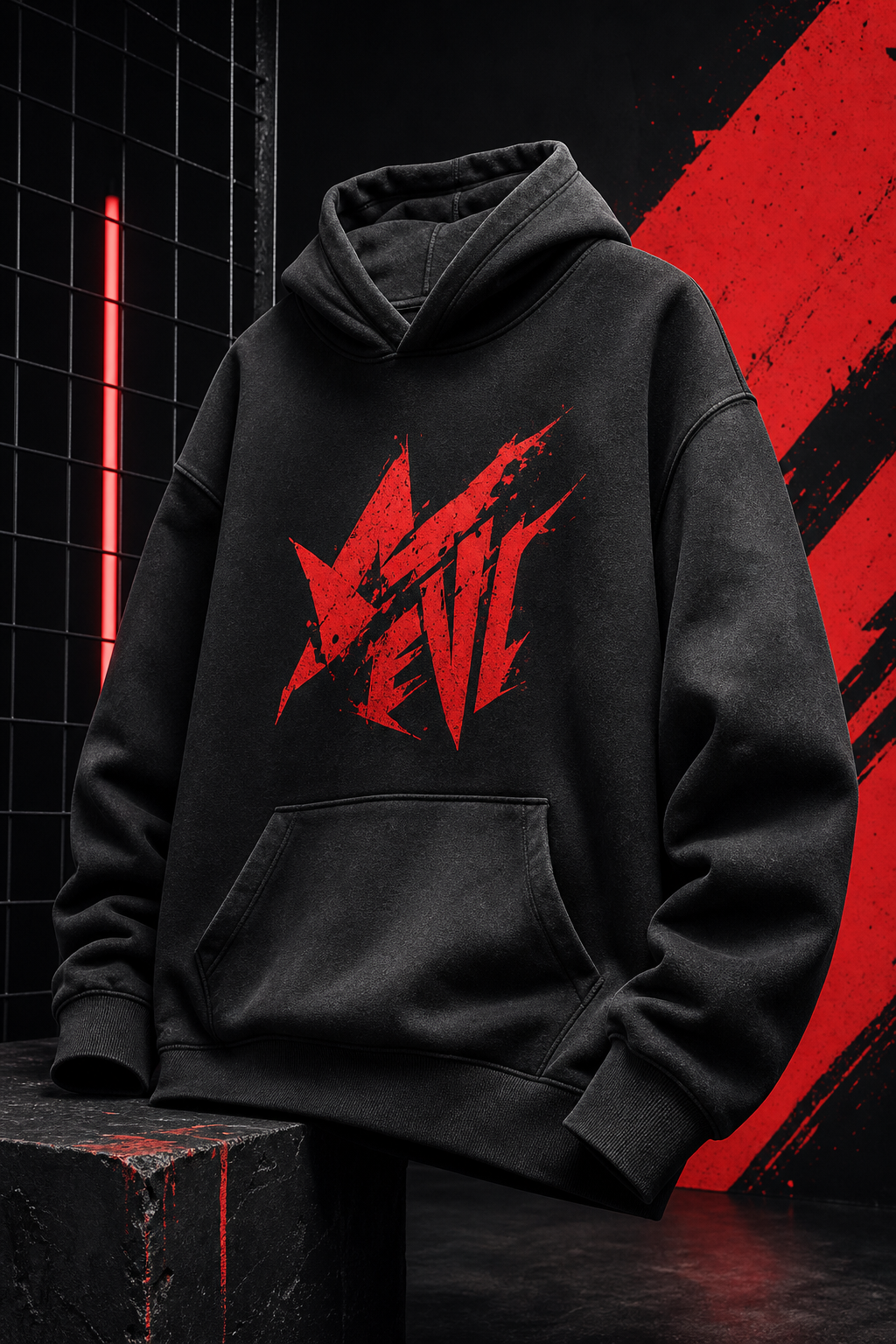 Dark charcoal oversized hoodie with bold red chest print