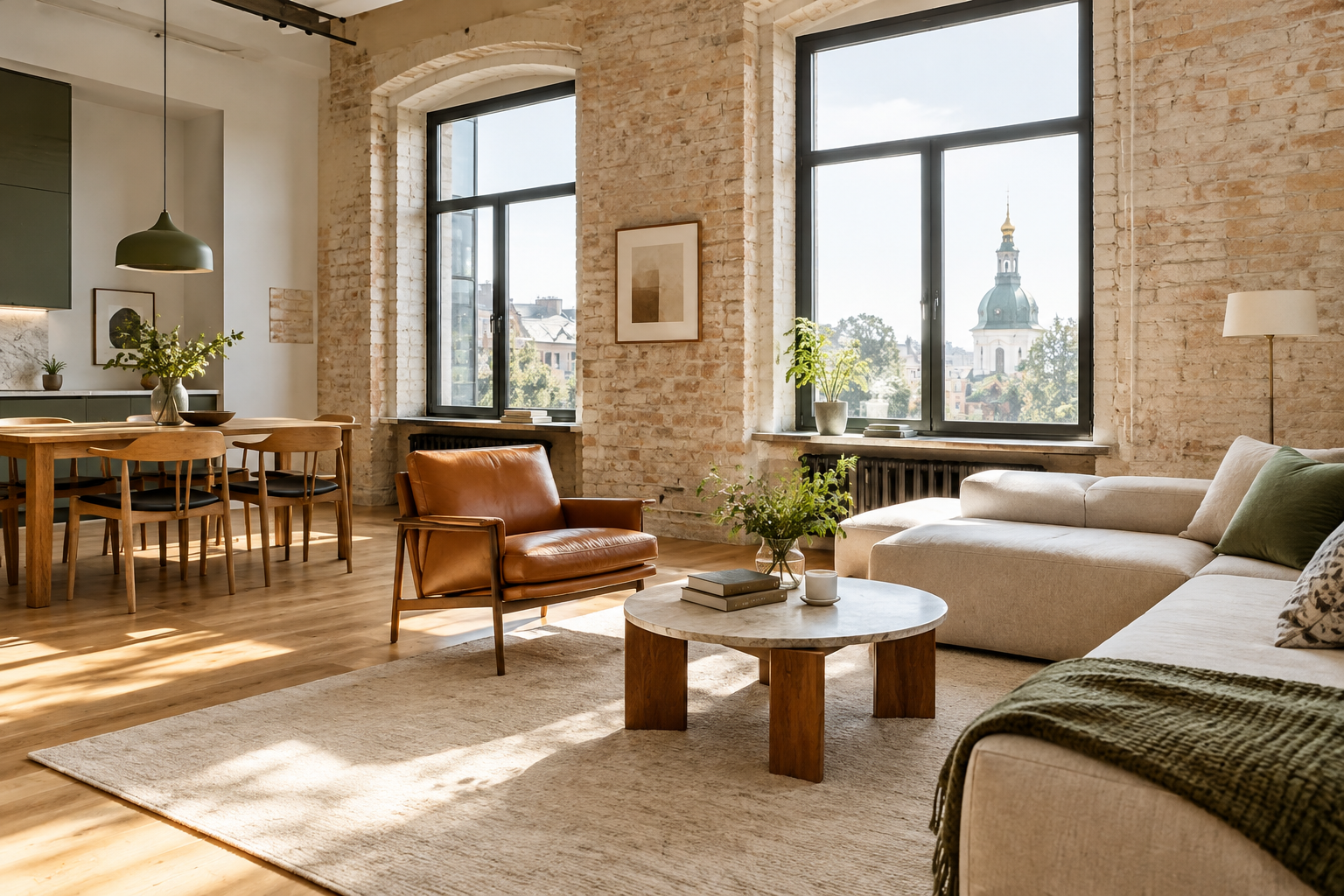 Warm brick-accented loft living room in Podil