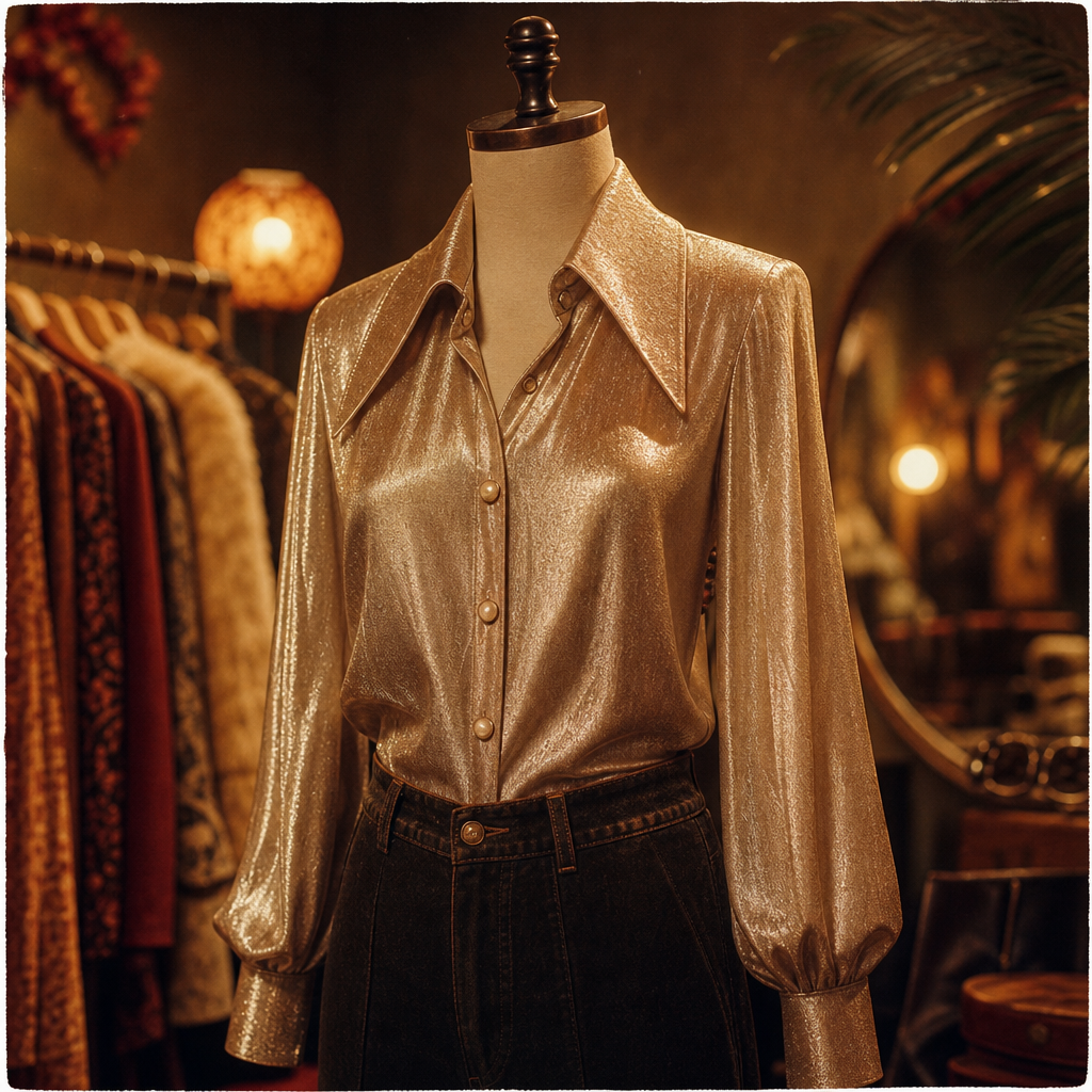 Shimmering champagne disco blouse with oversized collar and pearl buttons, draped on a mannequin in amber light