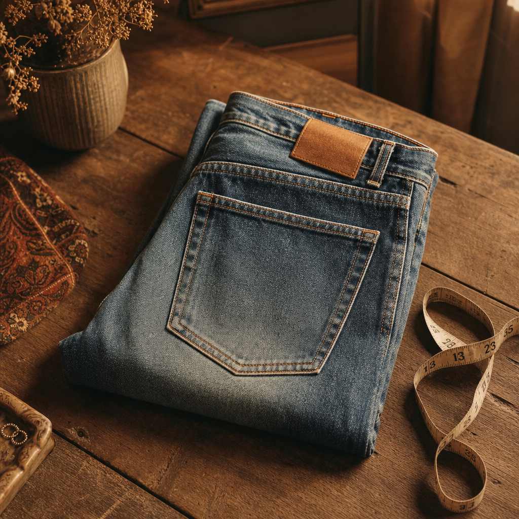 Faded indigo high-waist denim jeans with tapered legs and contrast stitching, styled on a wooden hanger in warm studio light