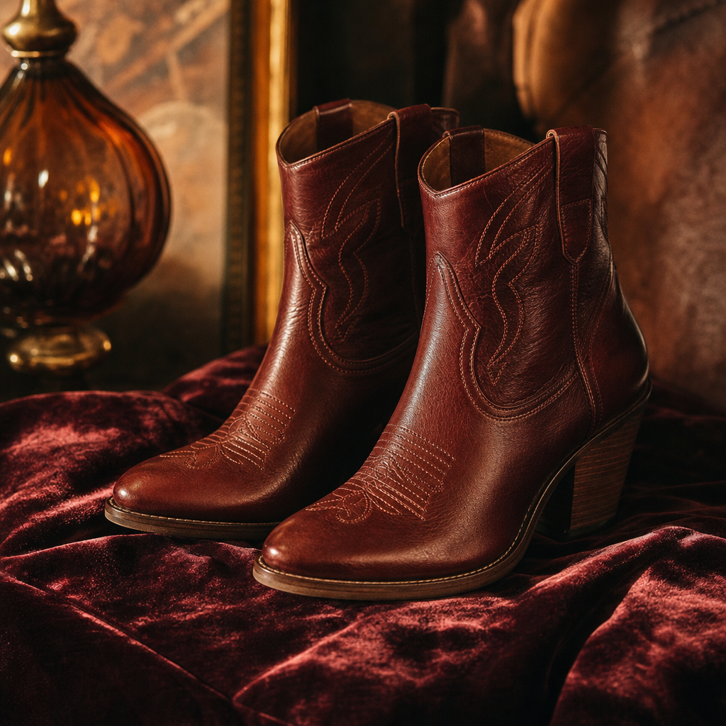 Pair of rich mahogany leather ankle boots with stacked heels and western stitching, resting on vintage velvet
