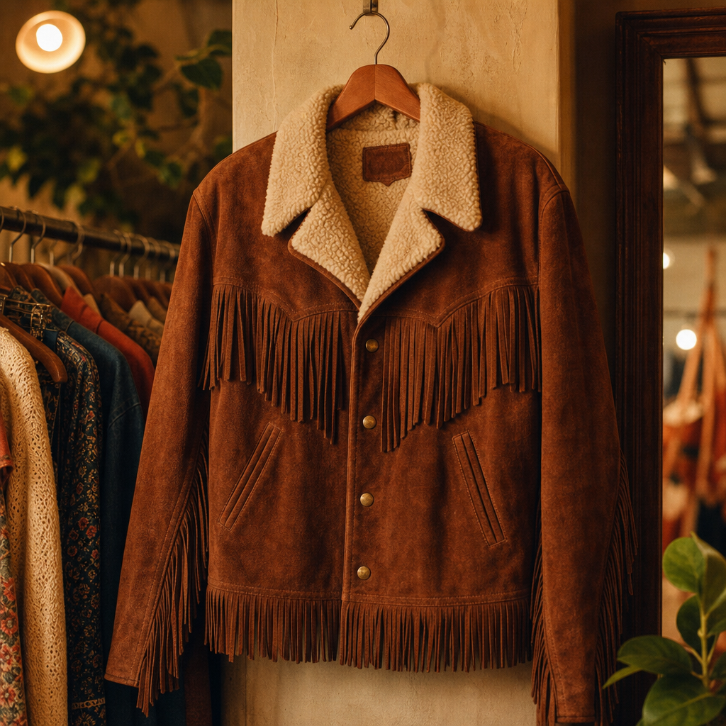 Chestnut brown suede fringe jacket with cream shearling collar and brass snap buttons, photographed in warm film light