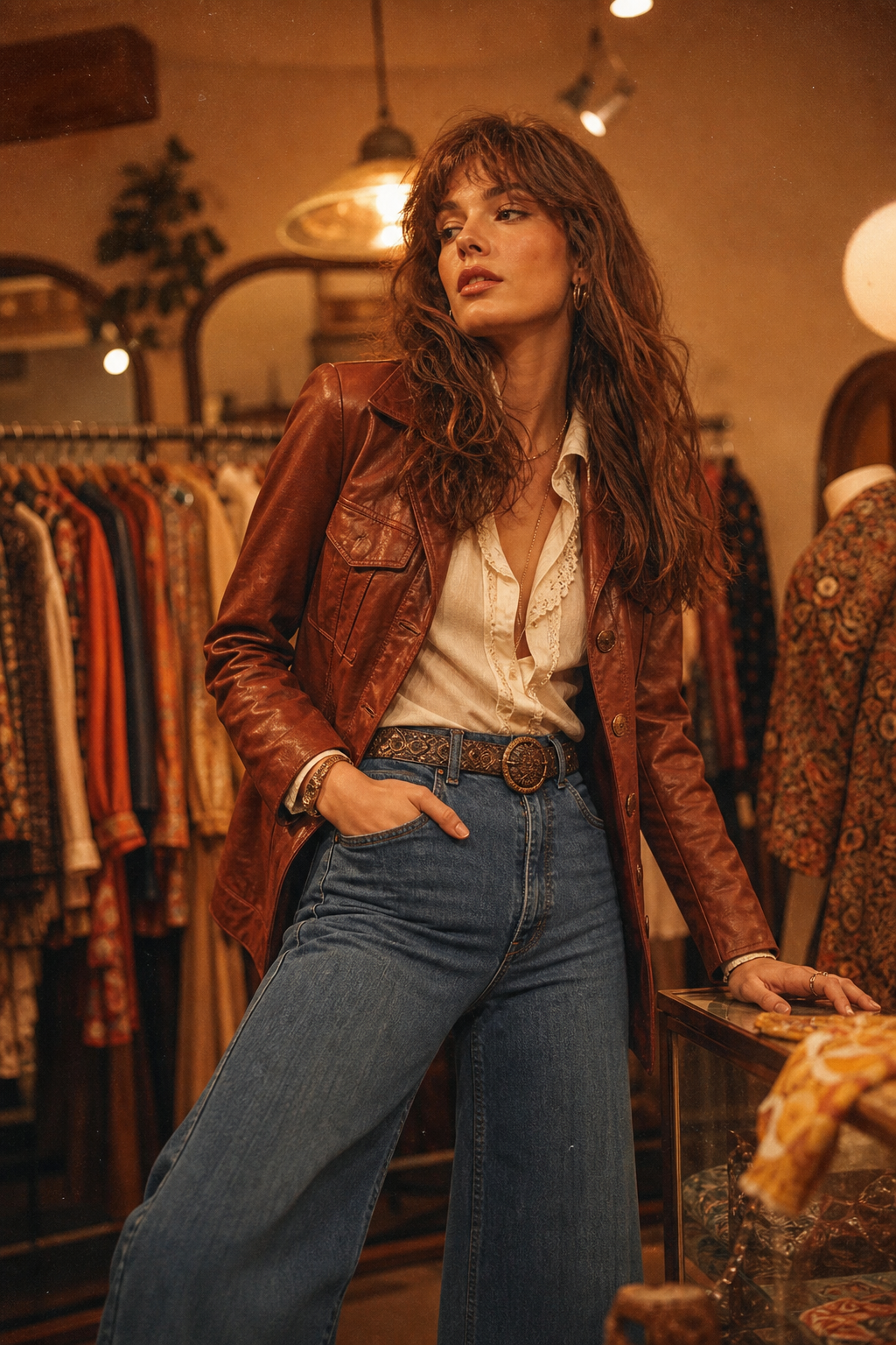 Editorial portrait of a model wearing a rust leather jacket and wide-leg denim in a warmly lit vintage boutique.
