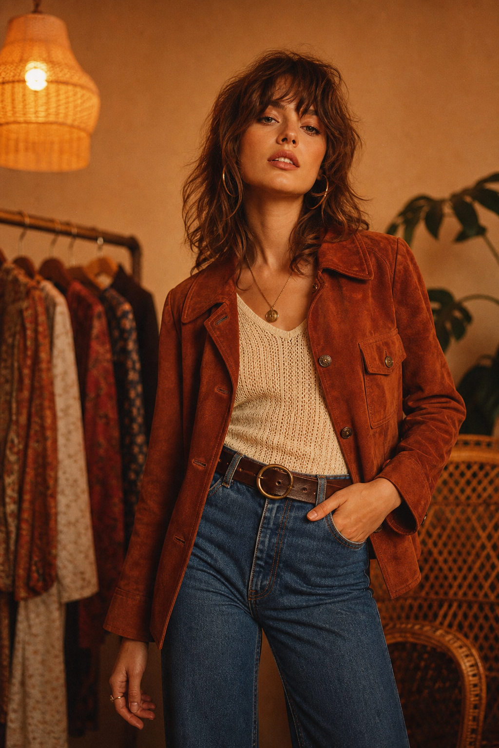 Vintage fashion model wearing a rust suede jacket and high-waisted denim, posed against a warm studio backdrop