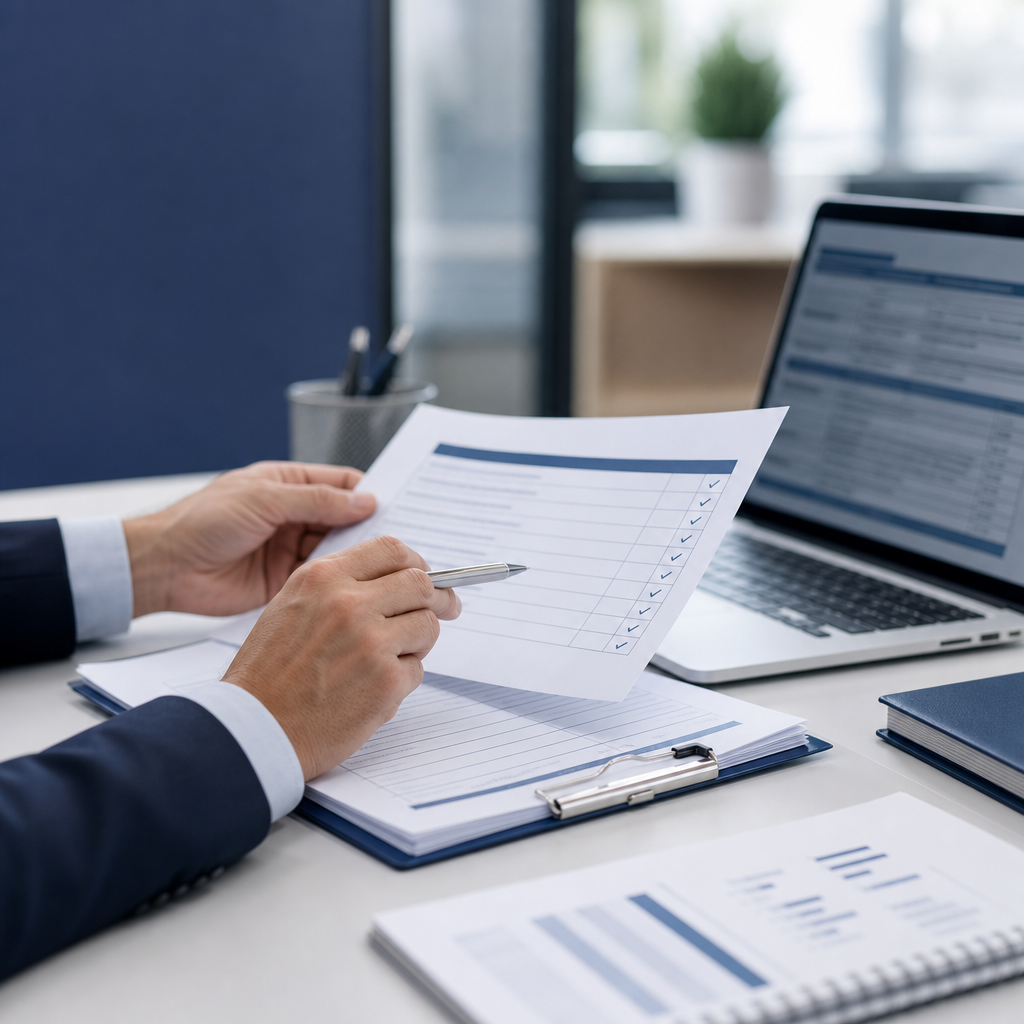 Senior analyst reviewing RMF audit documentation and compliance checklist on a modern desk