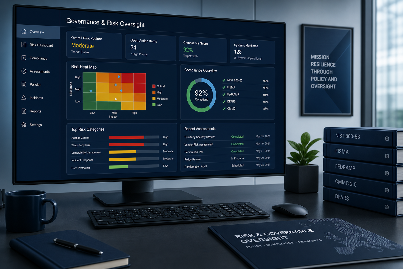 Modern federal advisory workspace with policy and risk oversight visualizations on a secure dashboard