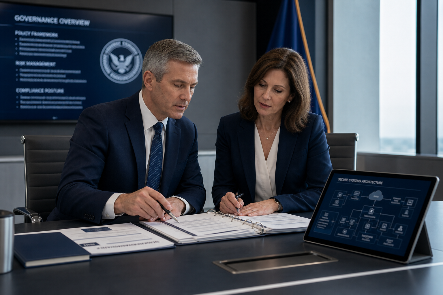 Senior advisors reviewing a governance briefing with policy documents and a secure systems diagram
