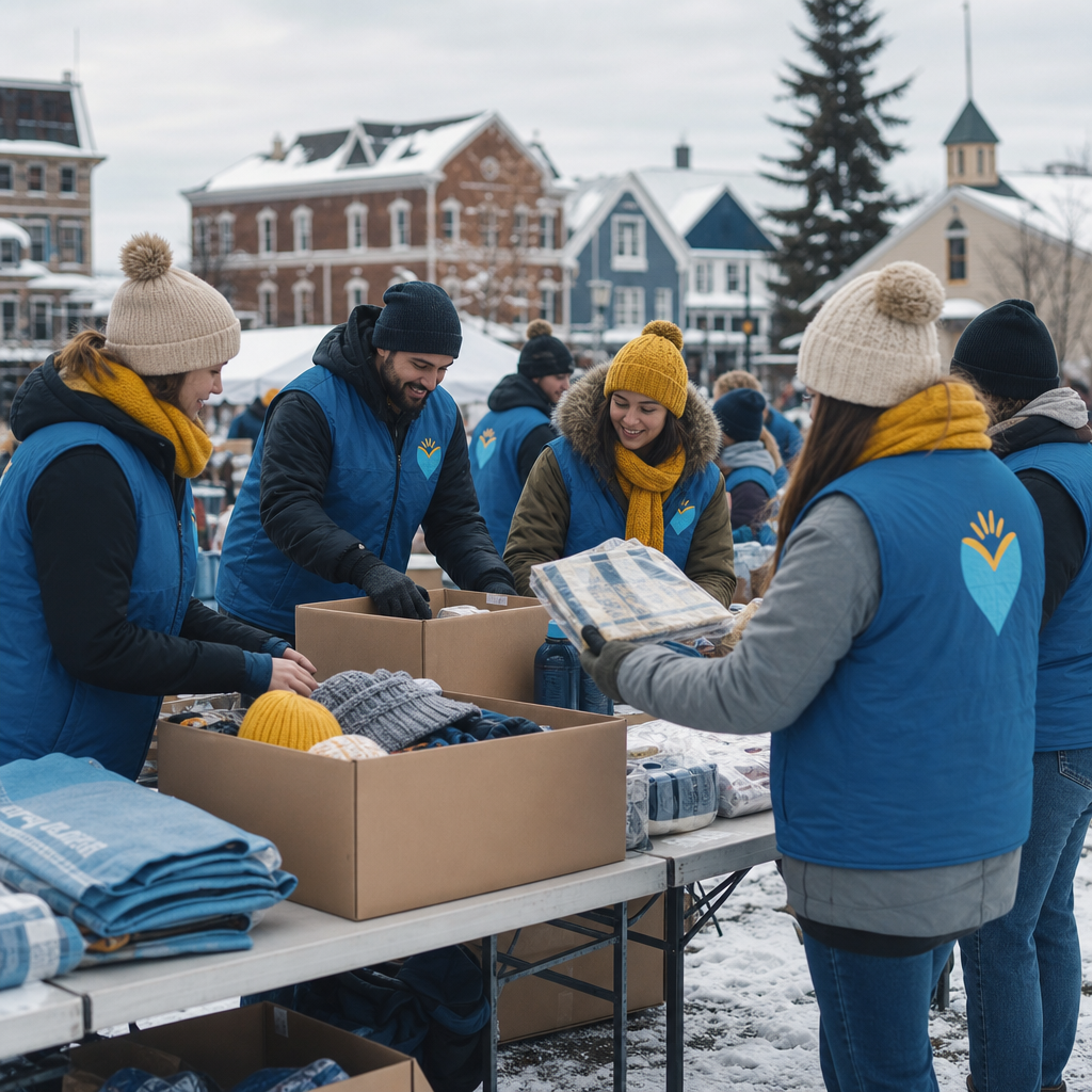 Volunteers and local partners organizing supply boxes at a community distribution event in a snowy town square
