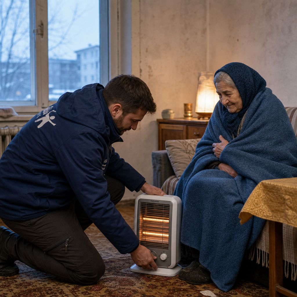 Aid worker installing a small portable heater in a modest apartment for an elderly resident