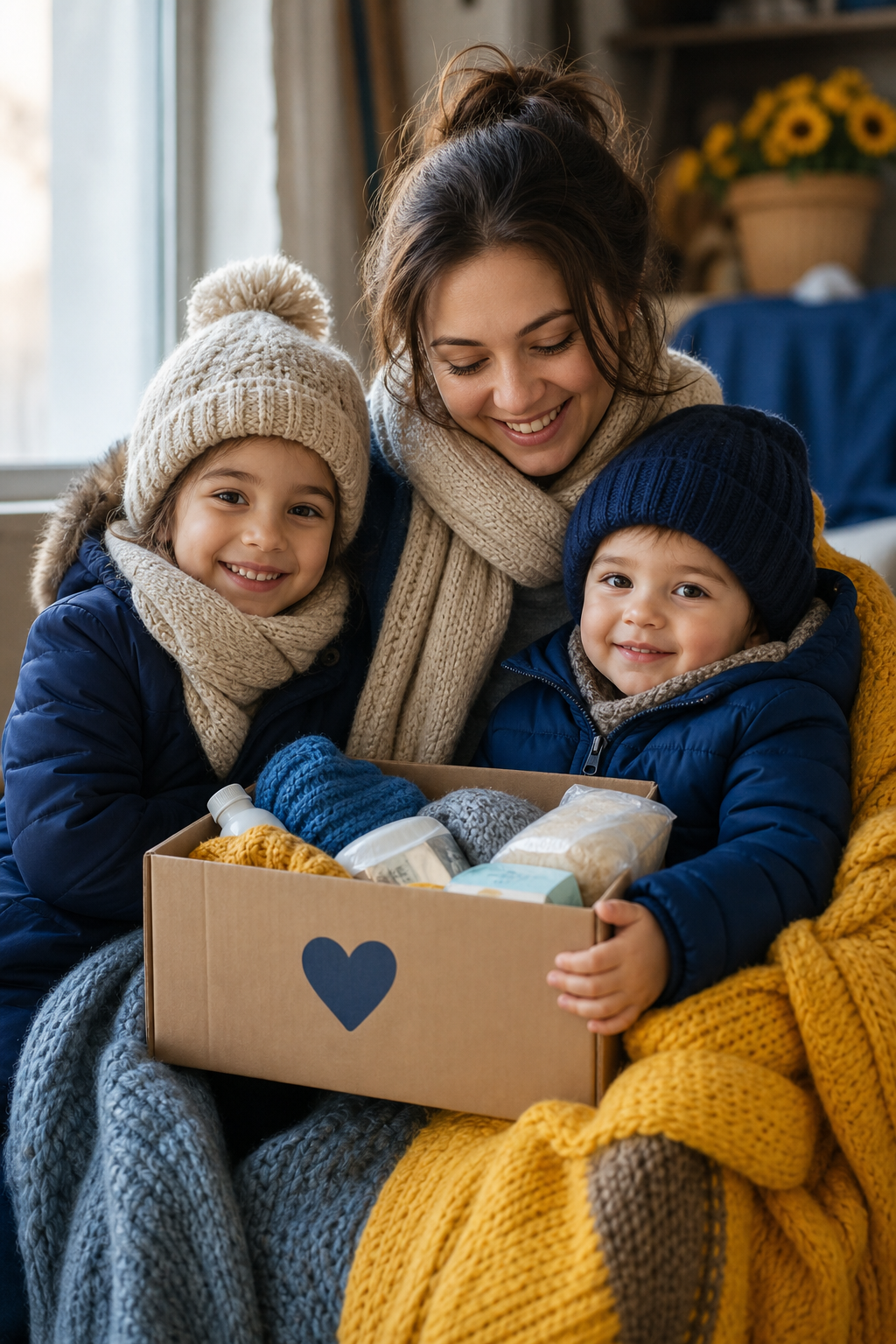 A mother and two children smiling while wrapped in warm blankets and winter coats, holding a supply kit box, near a softly lit window
