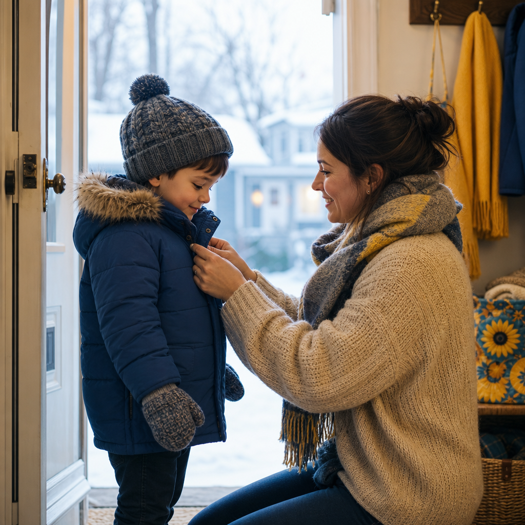 Young mother smiling gently while helping her small son put on a winter coat and mittens