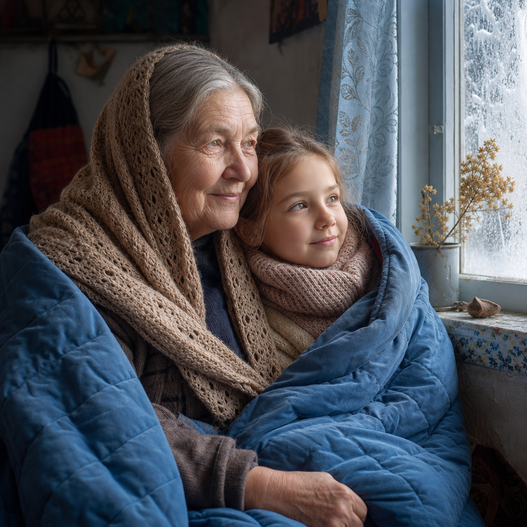Grandmother and young granddaughter sharing a warm quilt indoors near a frosted window