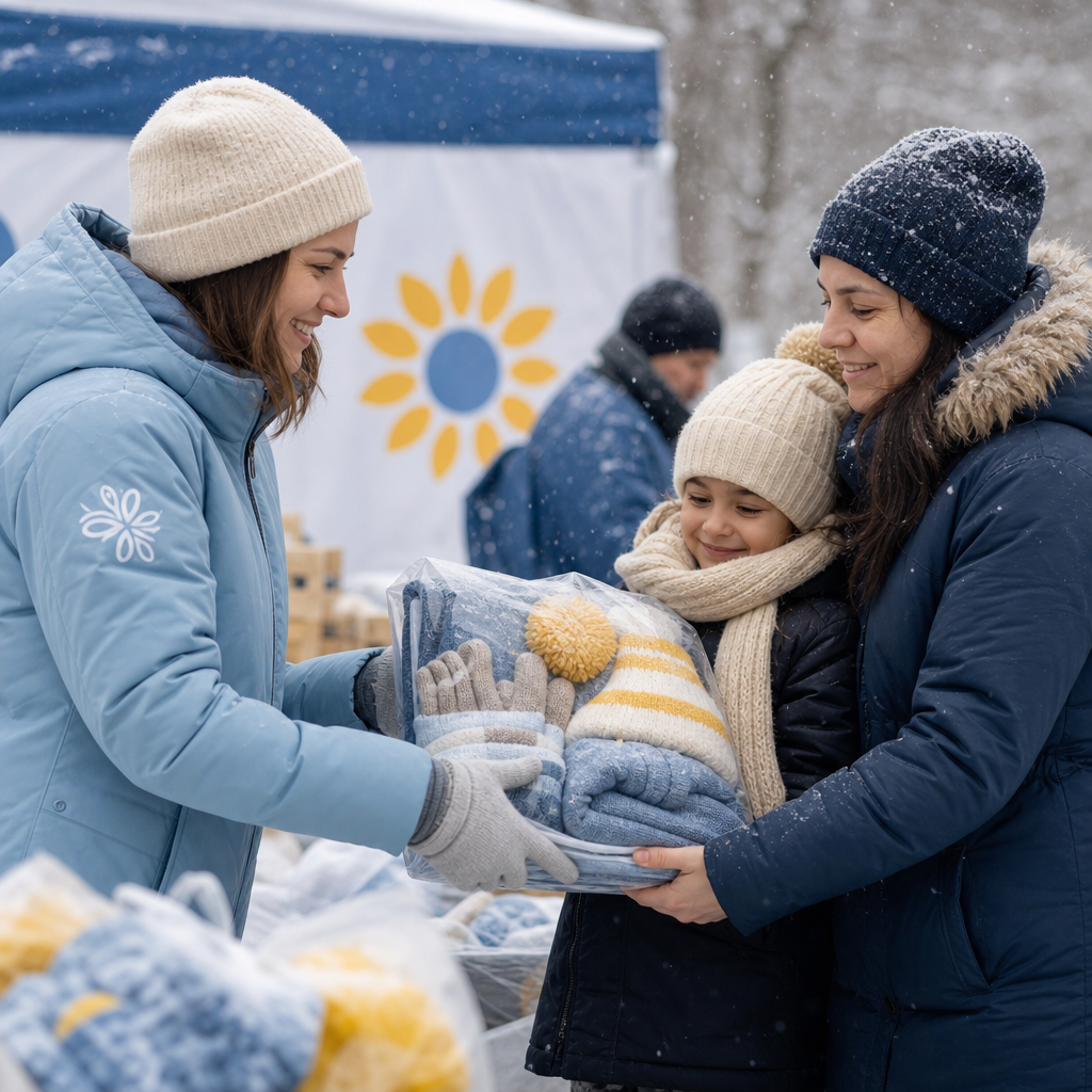 Volunteer handing a packed winter essentials kit with a blanket, gloves, and hat to a grateful family