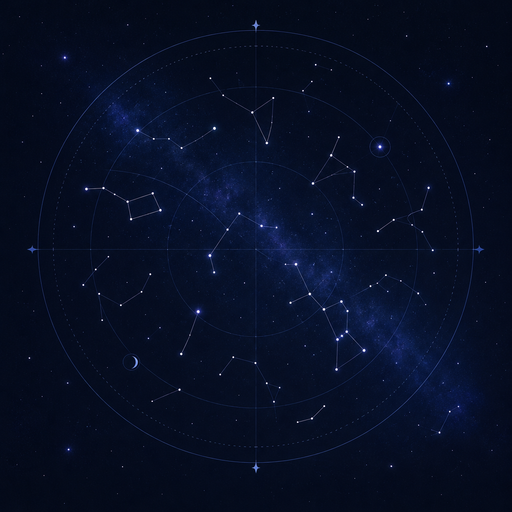 Celestial chart illustration with constellation points connected by fine orbital lines on a calm night-sky field