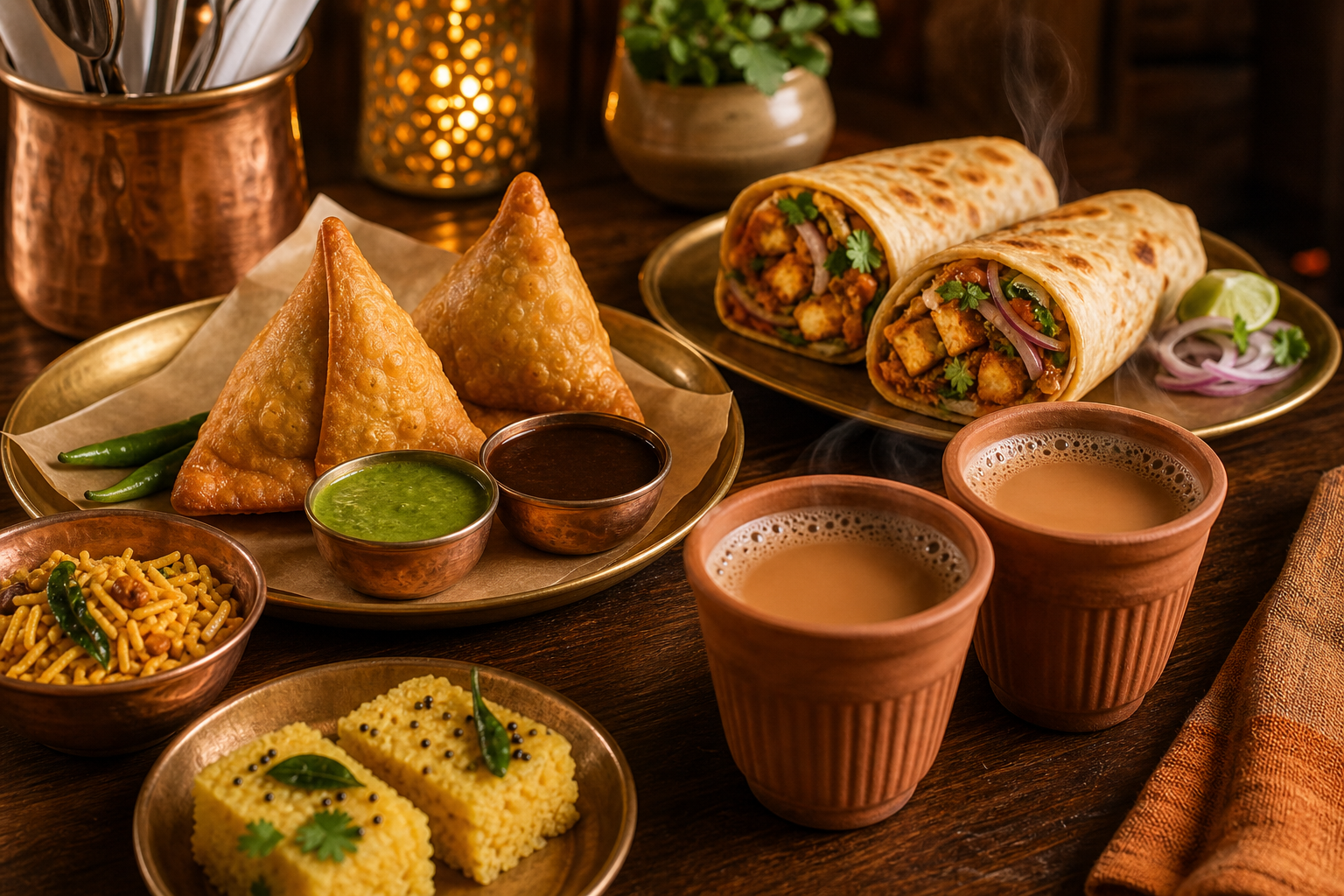 Richly lit Indian cafe spread with steaming chai, crispy savory snacks, colorful chutneys, and warm tabletop styling
