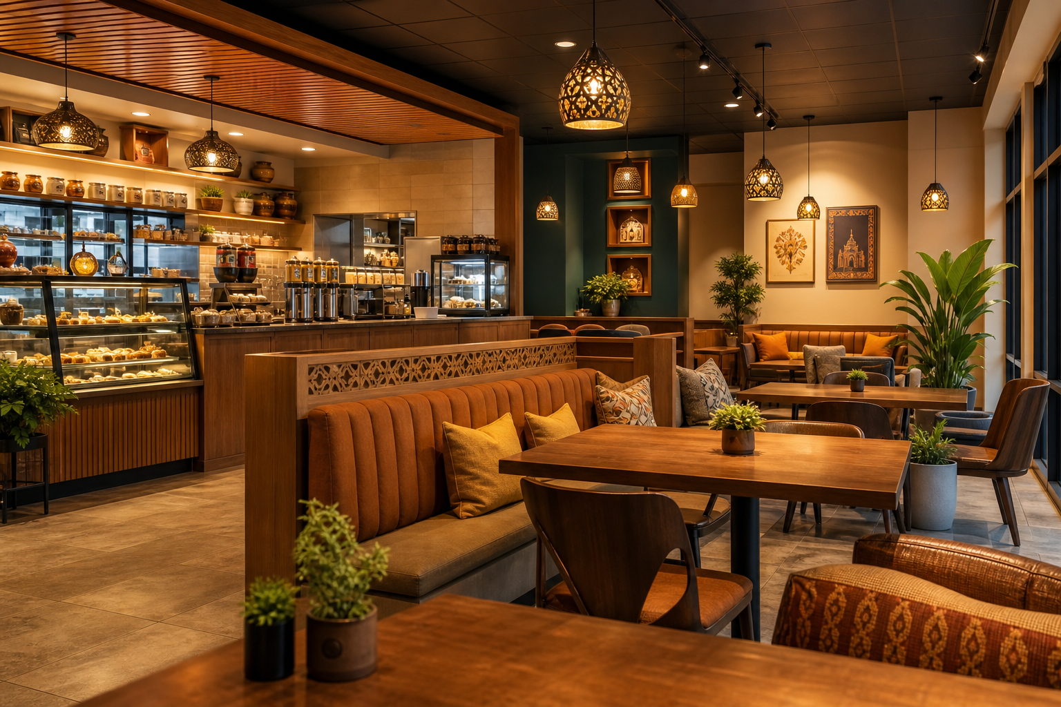 Inviting Indian cafe interior with warm lighting, wood tables, and a visible chai and snack counter