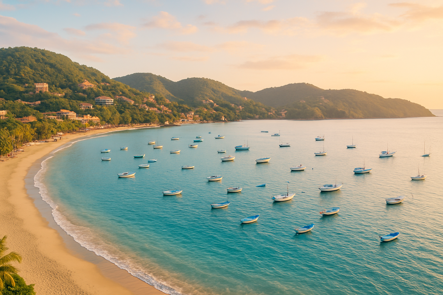 Scenic bay view of Zihuatanejo with calm ocean waters and coastal hills