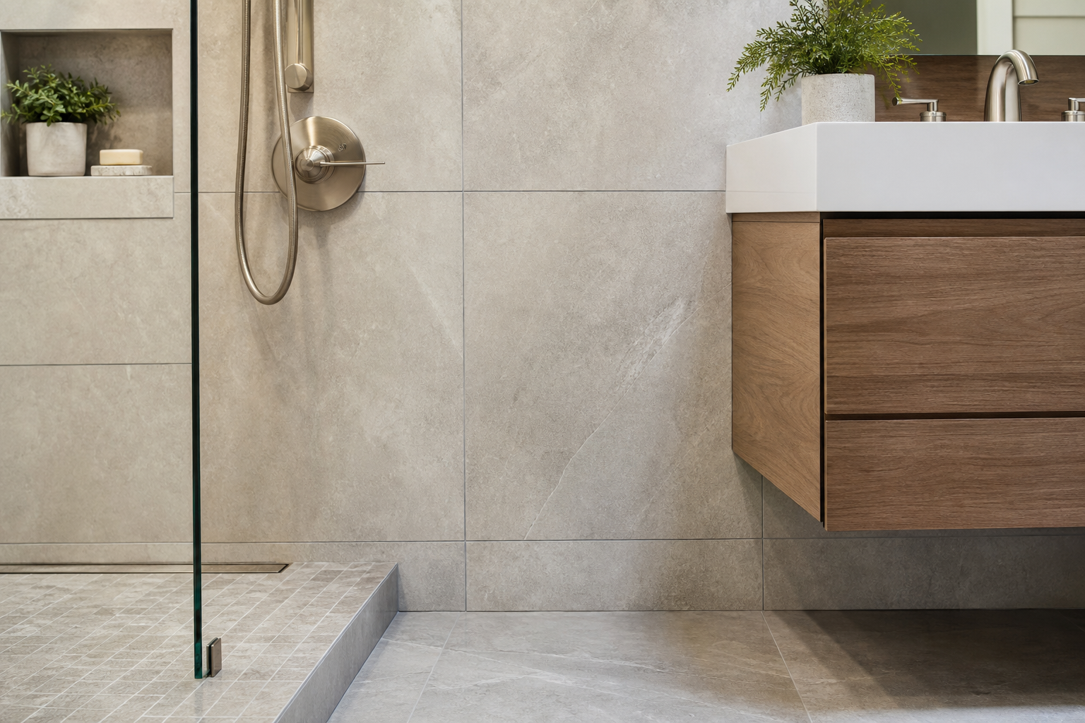 Bathroom finish close-up featuring precision tile alignment and brushed metal fixtures