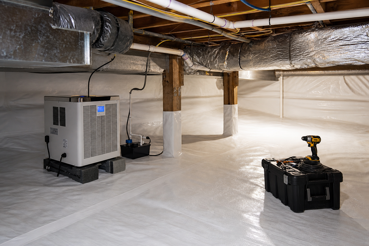 Professional crawlspace remediation scene with sealed encapsulation liner and organized equipment