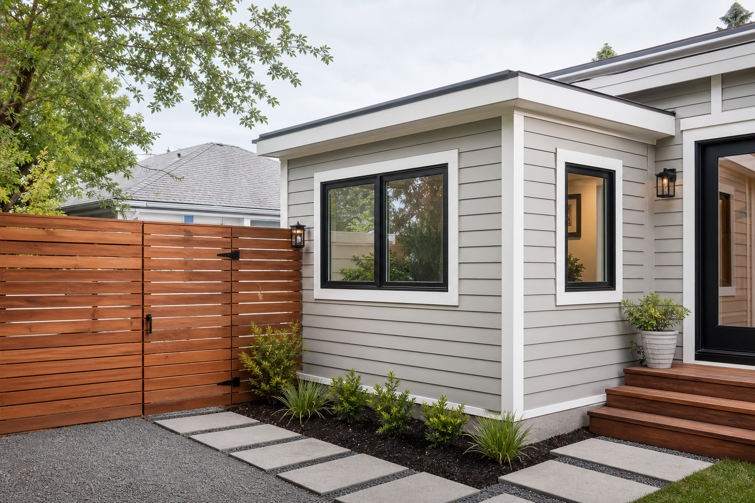Exterior scene showing a newly built cedar privacy fence and clean room addition tie-in