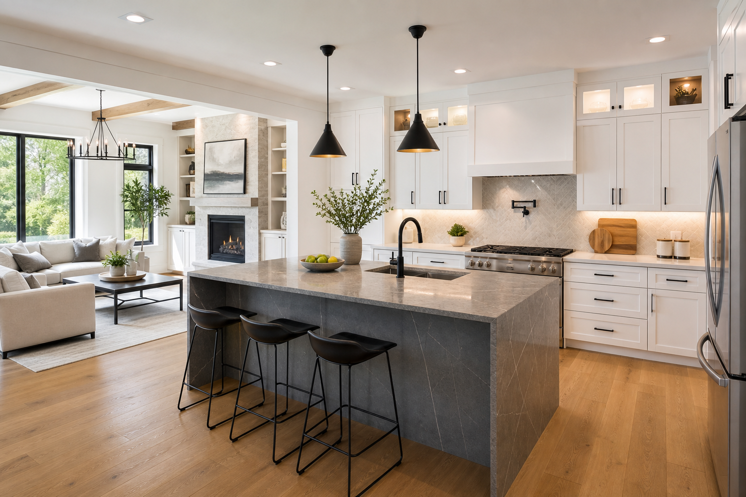 Bright, professionally remodeled open-plan kitchen and living area with custom cabinetry, stone island, warm wood flooring, and refined finishing details