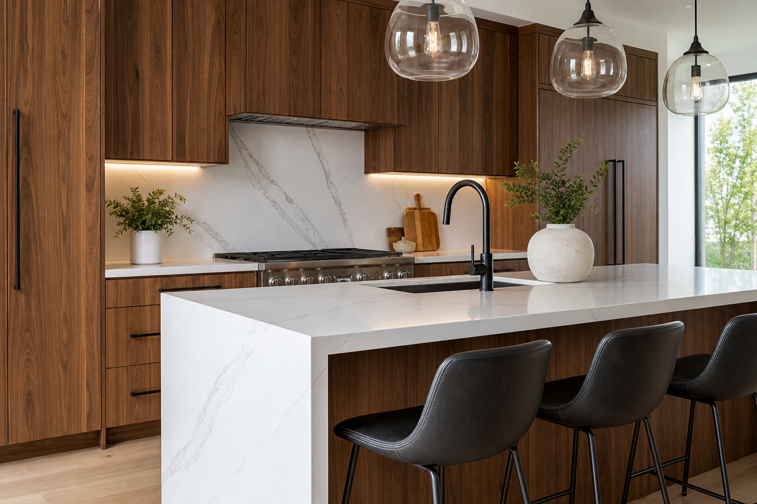 Upscale kitchen remodel detail with waterfall quartz island and custom walnut cabinetry