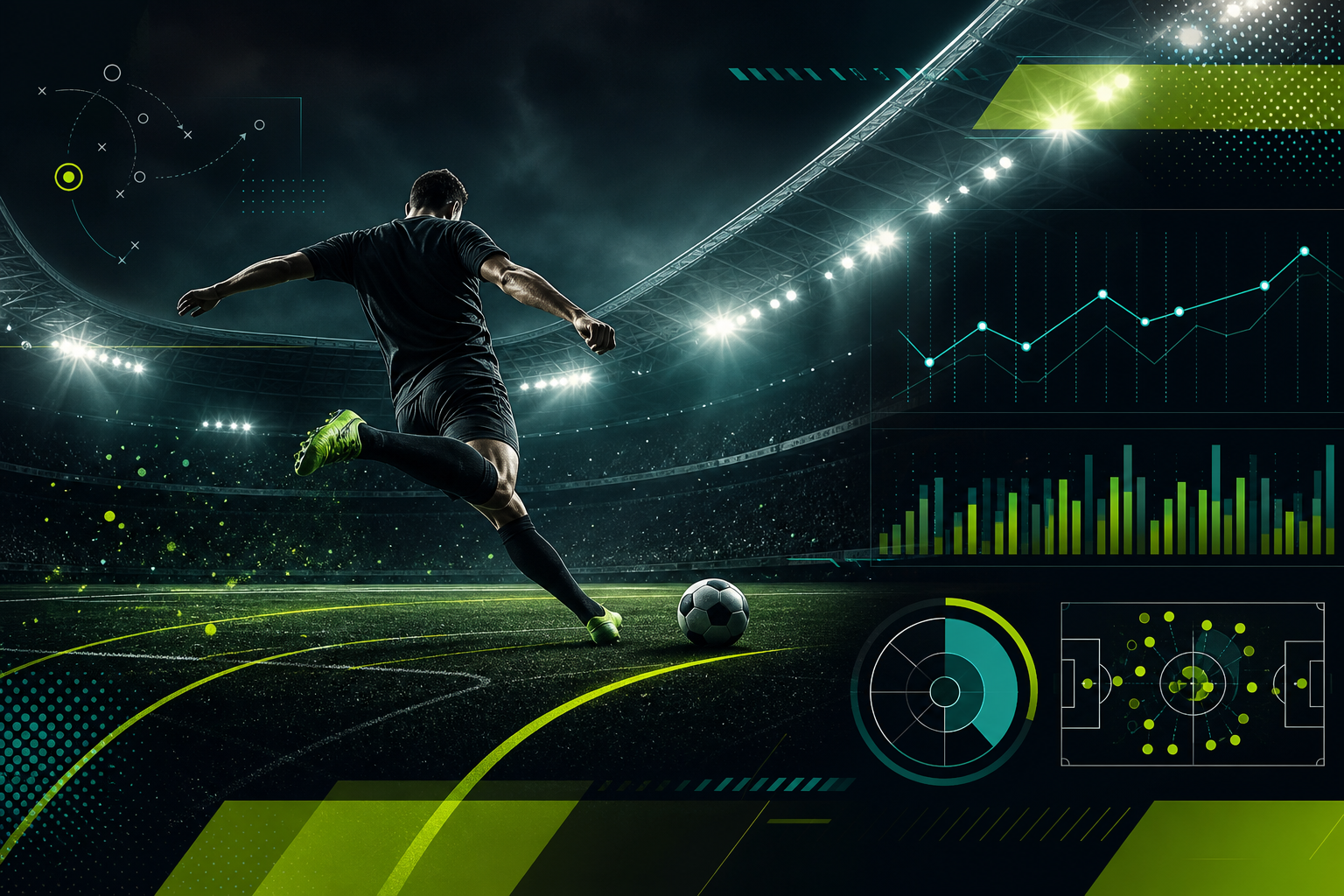High-contrast football editorial scene with stadium lights, abstract pitch lines, scoreboard cues, and analytics overlays