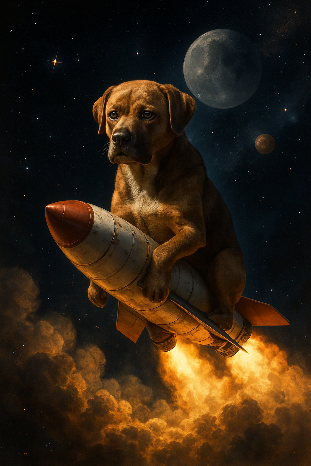 Photorealistic dog riding a space rocket flying into outer space, dramatic and epic