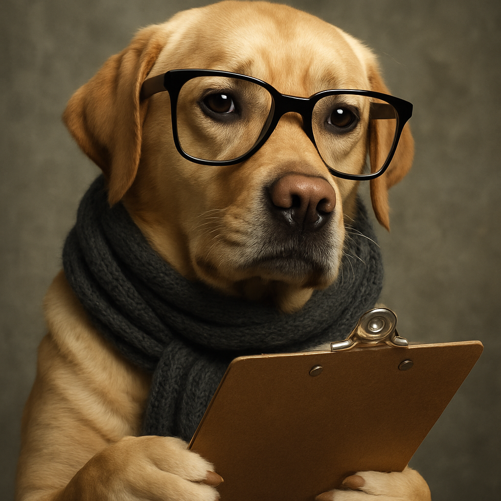 Photorealistic golden labrador wearing oversized glasses and a scarf, holding a clipboard and looking pensive