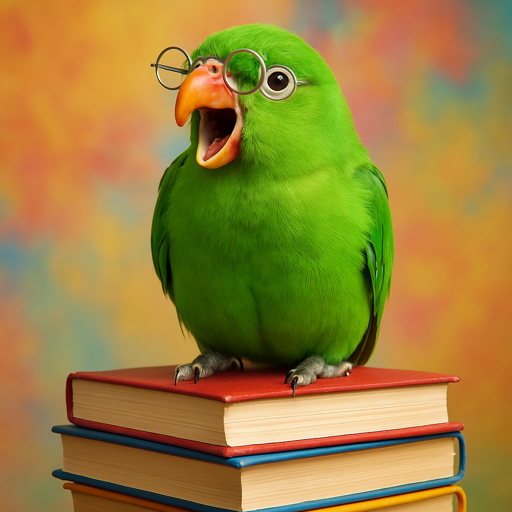 Photorealistic bright green parrot with tiny round glasses perched on a stack of books, beak open as if giving a speech