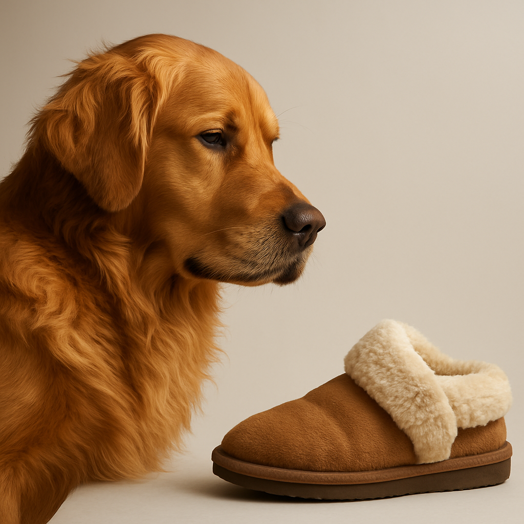 A photorealistic serious-looking golden retriever in profile, staring intently at a plush house slipper placed before them on a neutral white background.