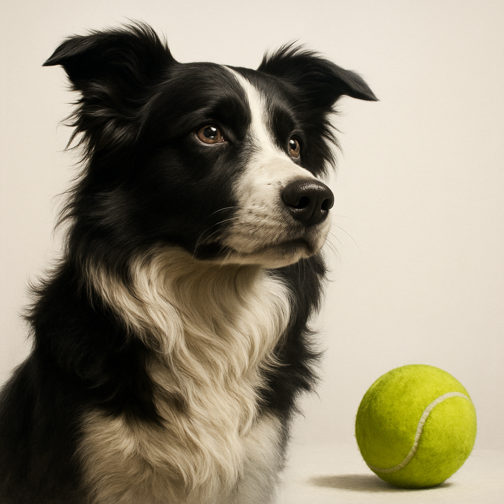 A photorealistic, noble-looking border collie gazing dramatically at a perfectly round tennis ball, both on a simple white background.