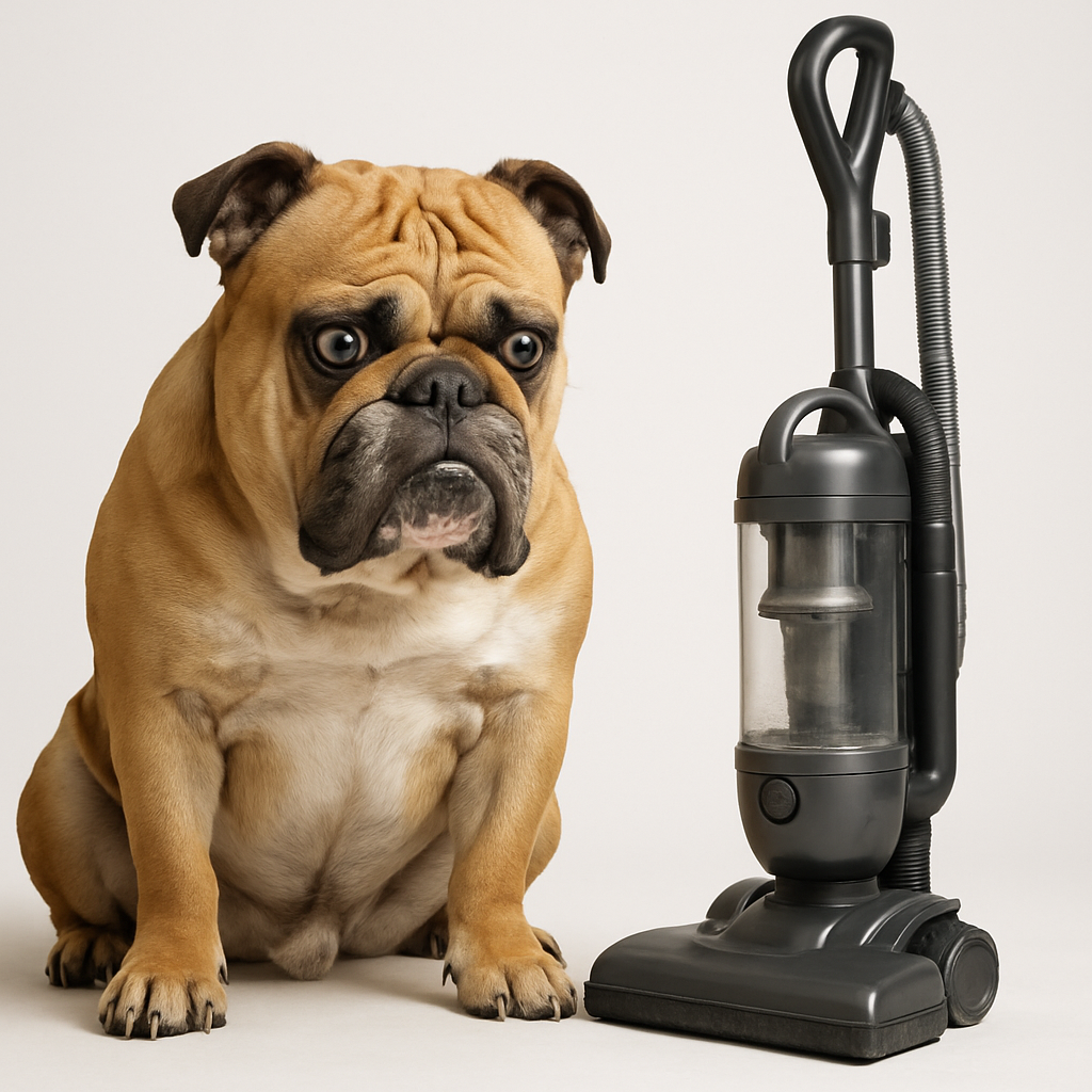 A photorealistic stern-faced bulldog sitting upright, glaring at a modern upright vacuum cleaner, both on a clean white backdrop.