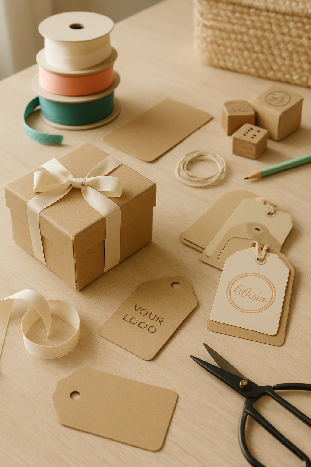 Warm behind-the-scenes workspace with personalized gift materials, ribbon, and hand-finished branded details on a creative studio table