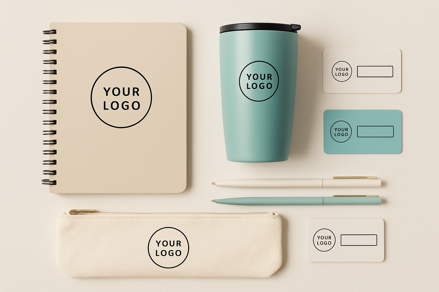 Branded business and team item set including notebooks, tumblers, and logo pouches